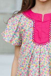 Girls: The Claire Pink Ditsy Floral Dress