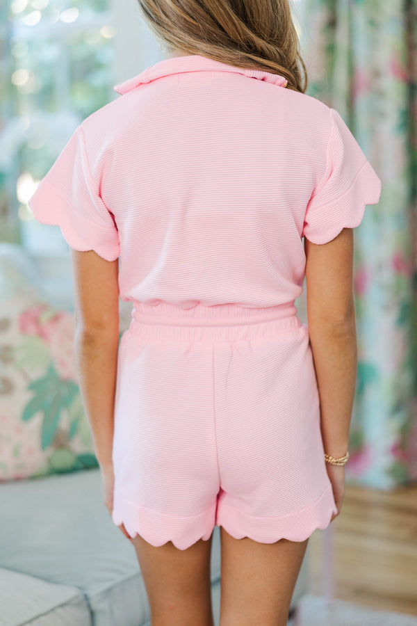 Girls: Off Duty Darling Pink Ribbed Scalloped Romper