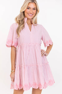Sweet As The Moment Pink Striped Embroidered Dress