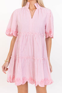 Sweet As The Moment Pink Striped Embroidered Dress