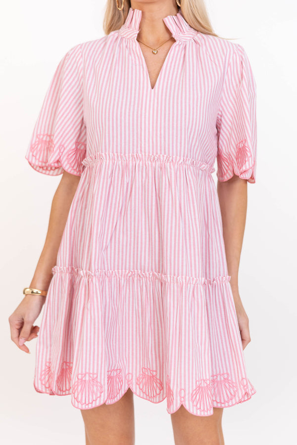 Sweet As The Moment Pink Striped Embroidered Dress