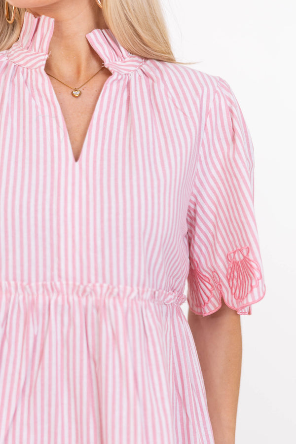 Sweet As The Moment Pink Striped Embroidered Dress