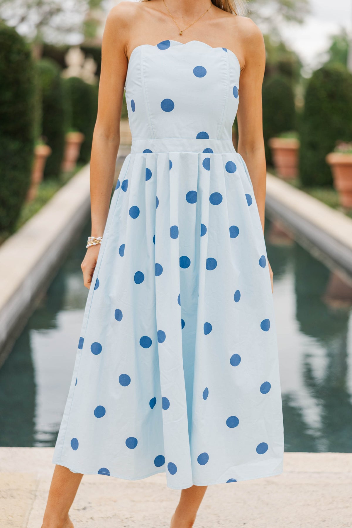 It Was All A Dream Light Blue Polka Dot Strapless Midi Dress – Shop the Mint