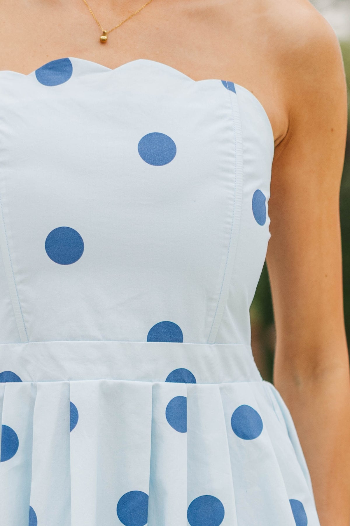 It Was All A Dream Light Blue Polka Dot Strapless Midi Dress – Shop the