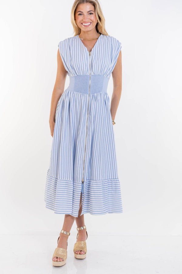 For You, Always Light Blue Striped Ruched Midi Dress, Large - The Mint Julep Boutique | Women's Boutique Clothing