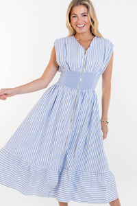 For You, Always Light Blue Striped Ruched Midi Dress