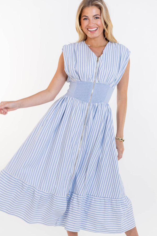 For You, Always Light Blue Striped Ruched Midi Dress – Shop the Mint
