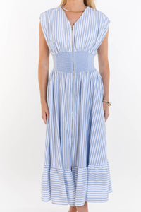 For You, Always Light Blue Striped Ruched Midi Dress