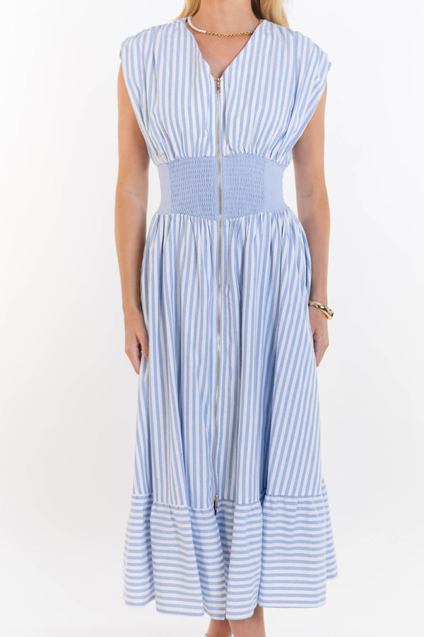 For You, Always Light Blue Striped Ruched Midi Dress