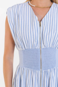 For You, Always Light Blue Striped Ruched Midi Dress