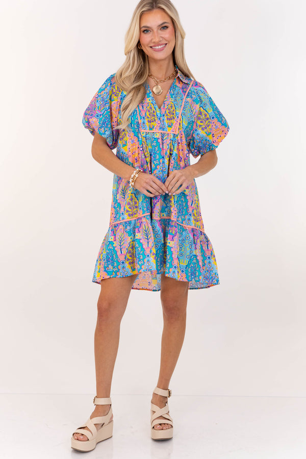 As It Should Be Blue Mixed Print Dress