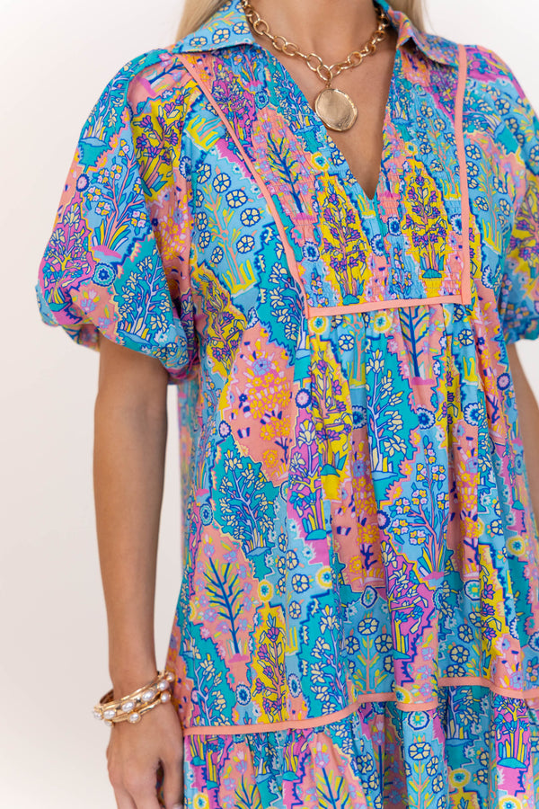 As It Should Be Blue Mixed Print Dress