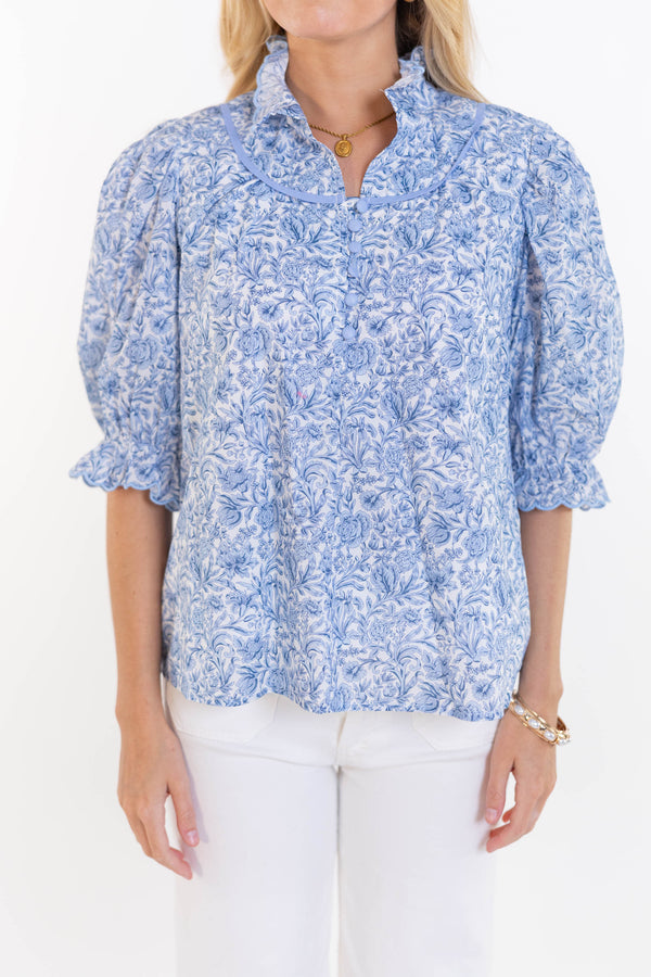 Keep It Up Blue Toile Blouse