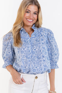 Keep It Up Blue Toile Blouse
