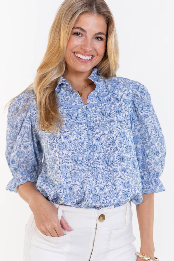 Keep It Up Blue Toile Blouse