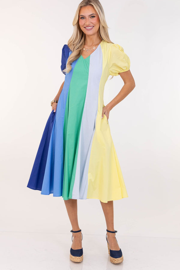 Feeling Settled Blue Colorblock Midi Dress, Large - The Mint Julep Boutique