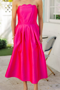 It Was All A Dream Pink Taffeta Strapless Midi Dress
