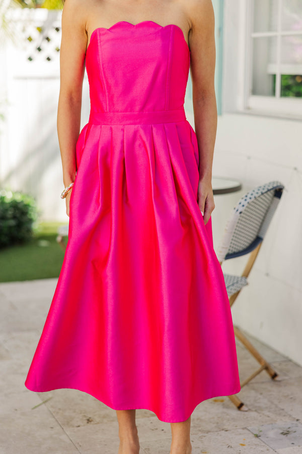 It Was All A Dream Pink Taffeta Strapless Midi Dress