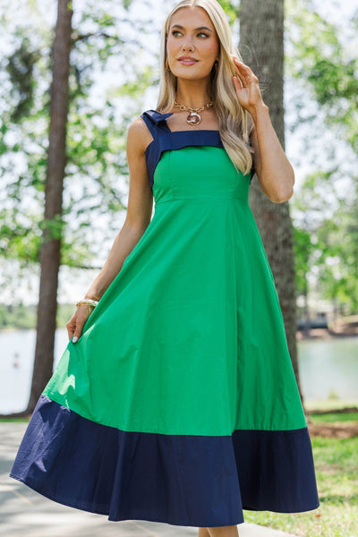 blue and green color block dress Forever Starts Here Colorblock Midi – Shop the Mint Fit:Wide A Bunch of Black Fabric Classification:SCUBA Lulus Our Favorite Details