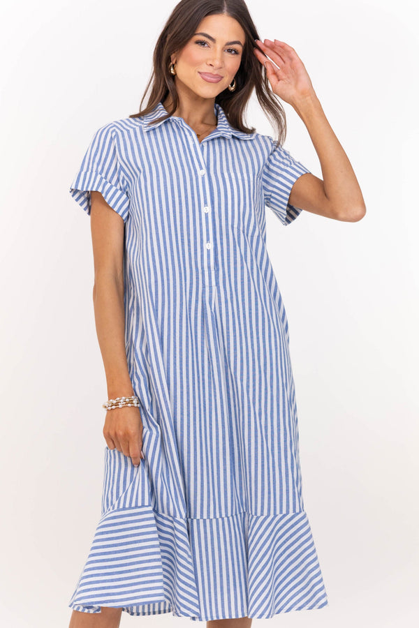 Lovely As Ever Blue Striped Midi Dress
