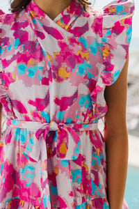 Girls: Tasteful Texture Pink Abstract Wrap Dress