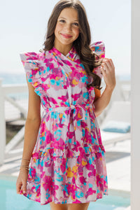 Girls: Tasteful Texture Pink Abstract Wrap Dress
