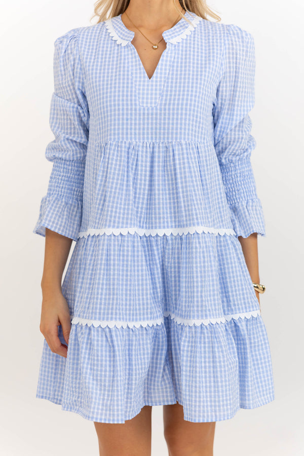 All The Way Back Blue Gingham Scallop Dress