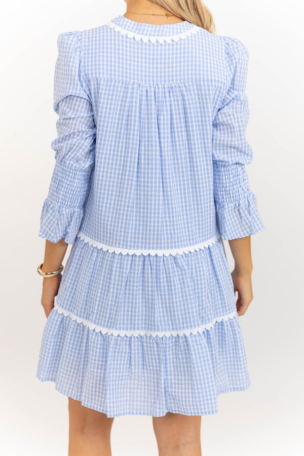 All The Way Back Blue Gingham Scallop Dress