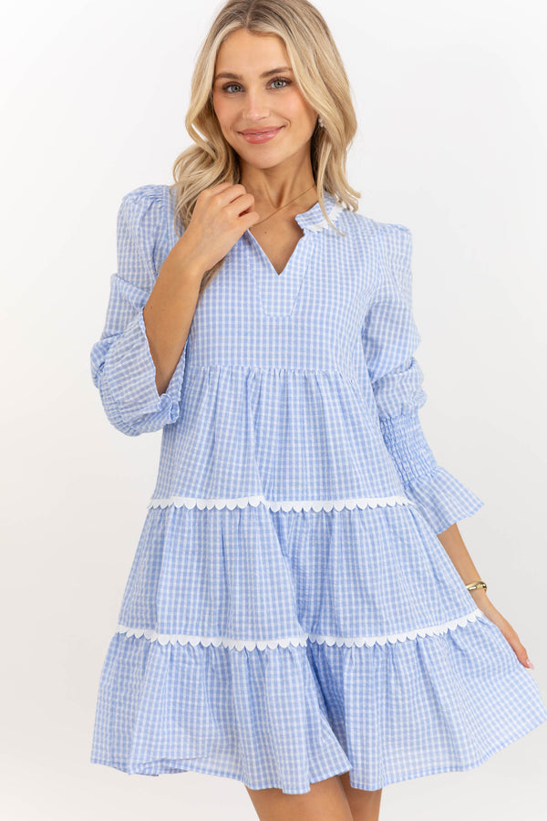 All The Way Back Blue Gingham Scallop Dress