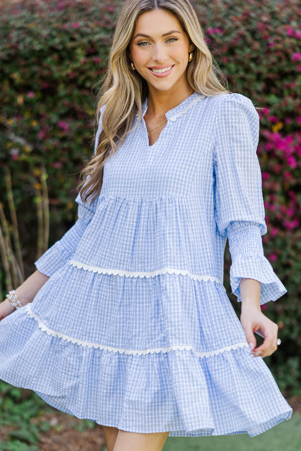 All The Way Back Blue Gingham Scallop Dress