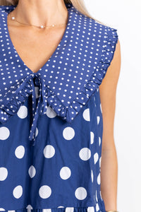 Strikingly Chic Navy Polka Dot Tiered Dress