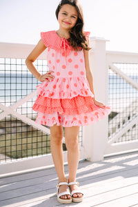 Girls: Strikingly Chic Pink Polka Dot Tiered Dress