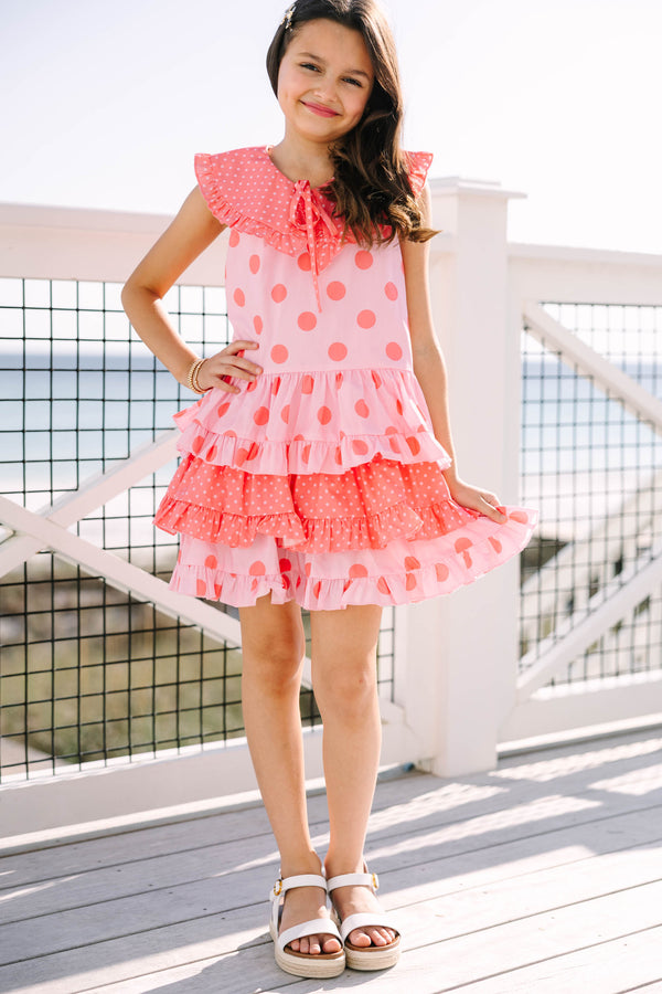 Girls: Strikingly Chic Pink Polka Dot Tiered Dress