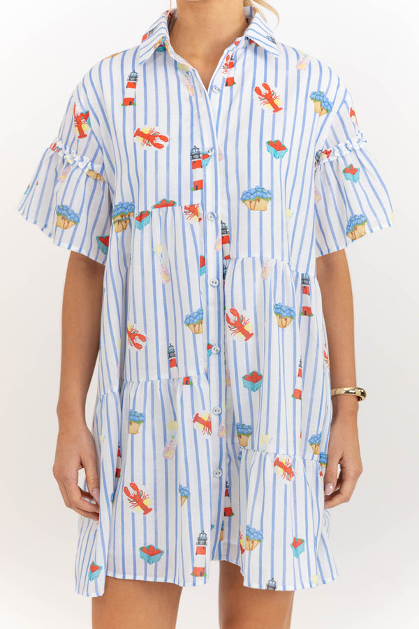 The Right Balance Blue Coastal Striped Tiered Mini Dress