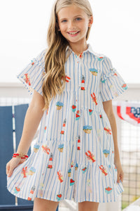 Girls: The Right Balance Blue Coastal Striped Tiered Mini Dress