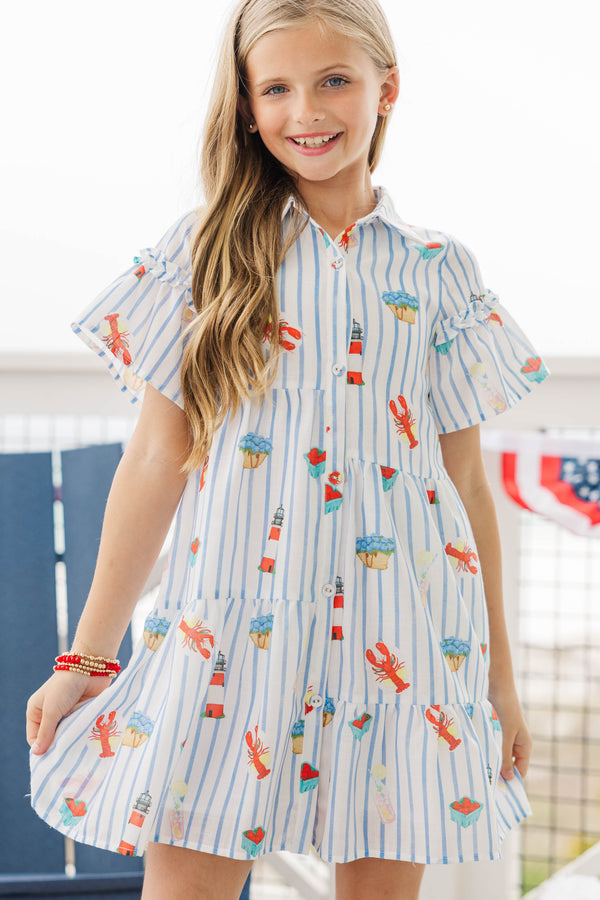 Girls: The Right Balance Blue Coastal Striped Tiered Mini Dress