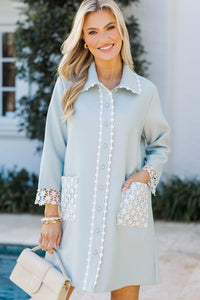 The Kindness Light Blue Crochet Trim Button Down Dress