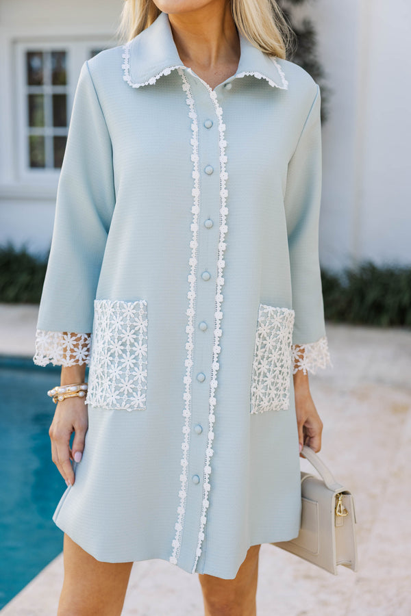 The Kindness Light Blue Crochet Trim Button Down Dress, X-Small - The Mint Julep Boutique The Kindness Light Blue Crochet Trim Button Down Dress, X-Small - The Mint Julep Boutique