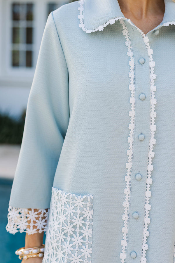 The Kindness Light Blue Crochet Trim Button Down Dress, X-Small - The Mint Julep Boutique The Kindness Light Blue Crochet Trim Button Down Dress, X-Small - The Mint Julep Boutique