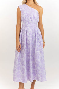 Modern Heirloom Lavender Brocade One Shoulder Pleated Midi Dress