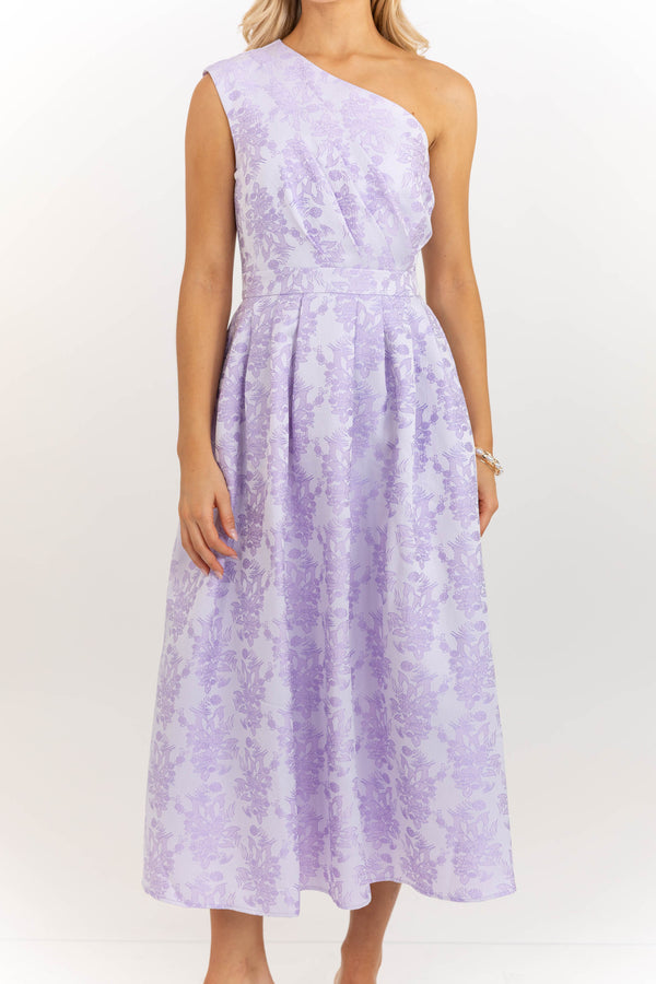 Modern Heirloom Lavender Brocade One Shoulder Pleated Midi Dress