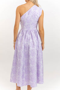 Modern Heirloom Lavender Brocade One Shoulder Pleated Midi Dress