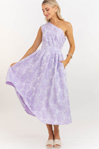 Modern Heirloom Lavender Brocade One Shoulder Pleated Midi Dress