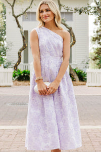 Modern Heirloom Lavender Brocade One Shoulder Pleated Midi Dress