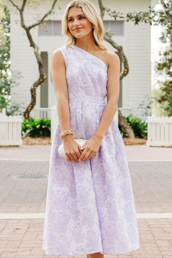 Modern Heirloom Lavender Brocade One Shoulder Pleated Midi Dress
