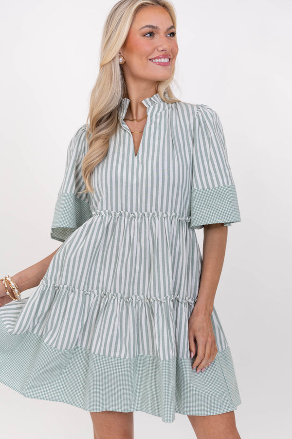 Feeling Your Best Sage Striped Babydoll Dress