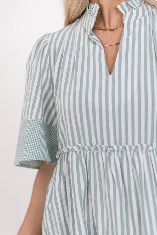 Feeling Your Best Sage Striped Babydoll Dress