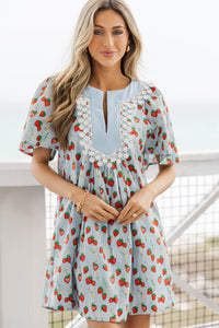 Just A Theory Light Blue Strawberry Printed Dress