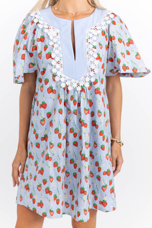 Just A Theory Light Blue Strawberry Printed Dress