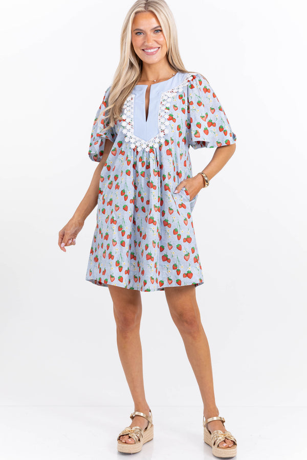 blue strawberry dress Cute Baby Blue Strawberry Themed Polka Dot Lolita JSK Dress with Bow and Lace Details